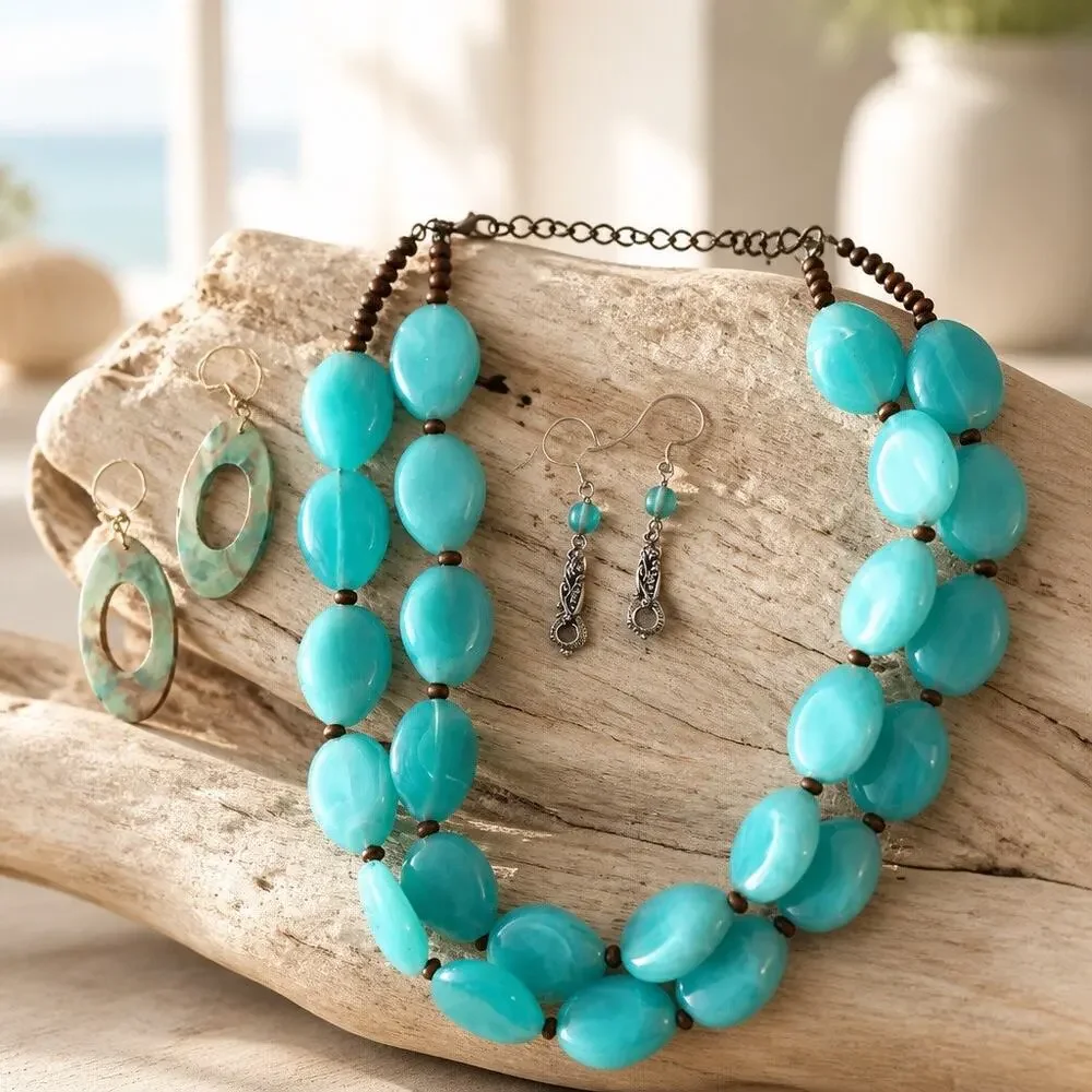 Chunky Howlite Turquoise Double Strand Bead Necklace with Earring Curated  2 Set